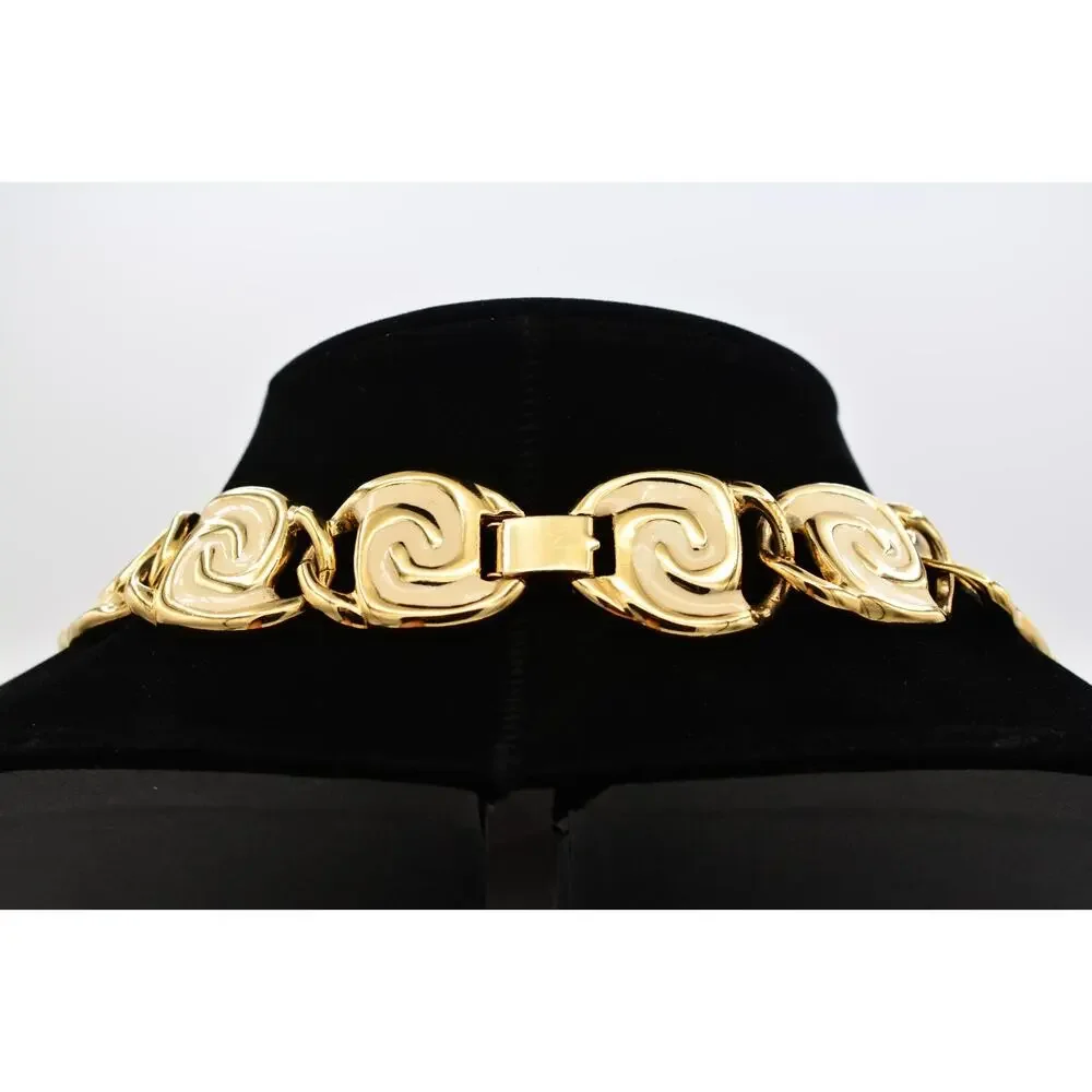 Vintage Cream Enamel Swirl Statement Necklace Collar Gold Chunky Heavy 80s BinY